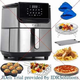 Yedi Evolution Air Fryer, 6.8 Quart, Stainless Steel, Ceramic Cooking Basket, with Deluxe Accessory Kit and Recipe Book