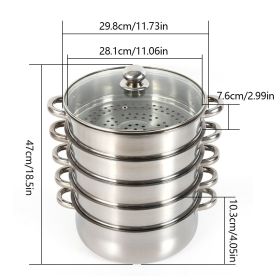 Stainless Steel Steamer Soup Pot Set Kitchen Cookware Food Veg Steam Pan with Glass Lid Gas Stove Furnace Steamer (Color: silver 2)