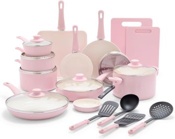 GreenLife Soft Grip Healthy Ceramic Nonstick 23 Piece Kitchen Cookware Pots and Frying Sauce Saute Pans Set with Kitchen Utensil (Color: Soft Pink 23pc)