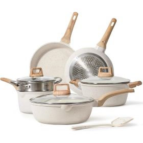 Pots and Pans Set Nonstick, White Granite Induction Kitchen Cookware Set, 10 Pcs Non Stick Cooking Set w/Frying Pans (Default: Default)