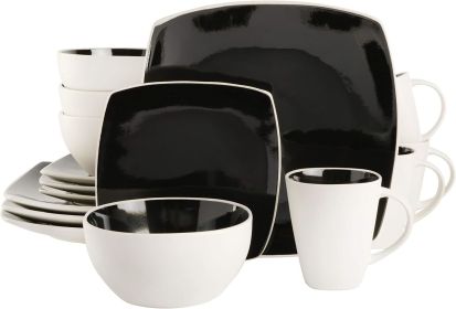 Square Reactive Glaze Stoneware Dinnerware Set, Service for 4 (16pcs) Dinner Plates , Dishes and Plates Sets (Color: Black White)