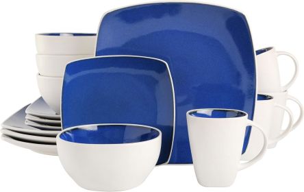 Square Reactive Glaze Stoneware Dinnerware Set, Service for 4 (16pcs) Dinner Plates , Dishes and Plates Sets (Color: Blue White)