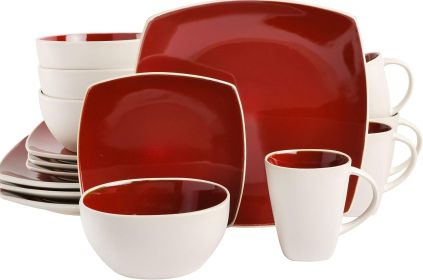 Square Reactive Glaze Stoneware Dinnerware Set, Service for 4 (16pcs) Dinner Plates , Dishes and Plates Sets (Color: Red White)