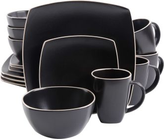 Square Reactive Glaze Stoneware Dinnerware Set, Service for 4 (16pcs) Dinner Plates , Dishes and Plates Sets (Color: Matte Black)