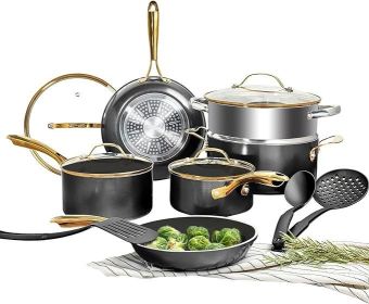 15 Pcs Ceramic Pots & Pans Set Non Stick, Ceramic Kitchen Cookware Sets, Non Toxic Cookware Set, Dishwasher Safe, Cream White (Color: Gold Black)