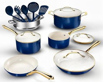 15 Pcs Ceramic Pots & Pans Set Non Stick, Ceramic Kitchen Cookware Sets, Non Toxic Cookware Set, Dishwasher Safe, Cream White (Color: Cream Navy)