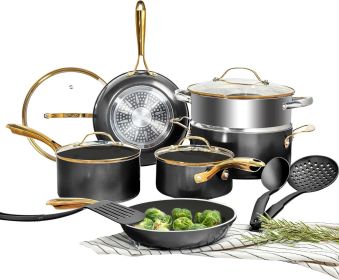 15 Pc Ceramic Pots and Pans Set Non Stick, Kitchen Cookware Sets, Ceramic Cookware Set, Non Toxic, Non Stick Pots, Cream White (Color: Black Gold)